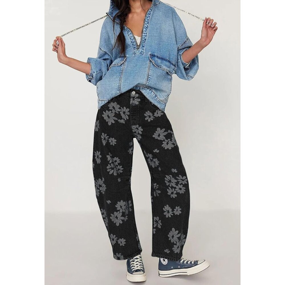 Women's Baggy Wide Leg Denim Pants Floral Prints High Rise Casual jeans - Picture 4 of 7